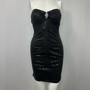 Jump Apparel Black Sequin Strapless Mini Dress with Rhinestone Detail, Size 5/6